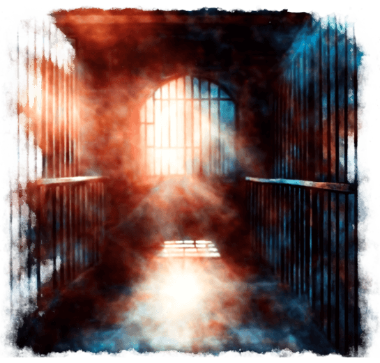 Illustration of jail cell with light coming from behind bars